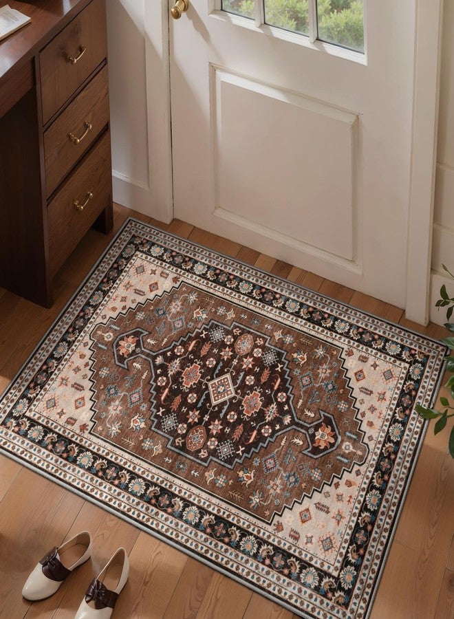 Tangsoo Vintage 2x3 Entry Rug,Small Washable Indoor Door Rug for Entryway,Brown Beige Non-Slip Rubber Backing Throw Mat Soft Low Pile Carpet for Front Porch Entrance Kitchen - Image 2